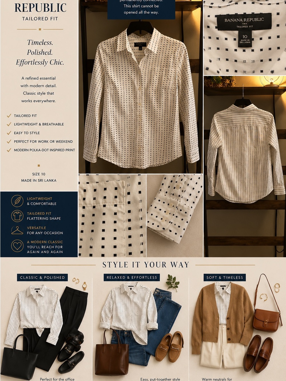 Banana Republic Cream Button-Front Shirt with Black Square Dot Print
